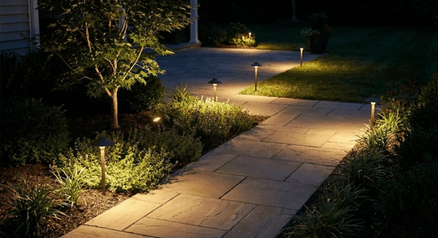 Path lighting illuminating an outdoor walkway
