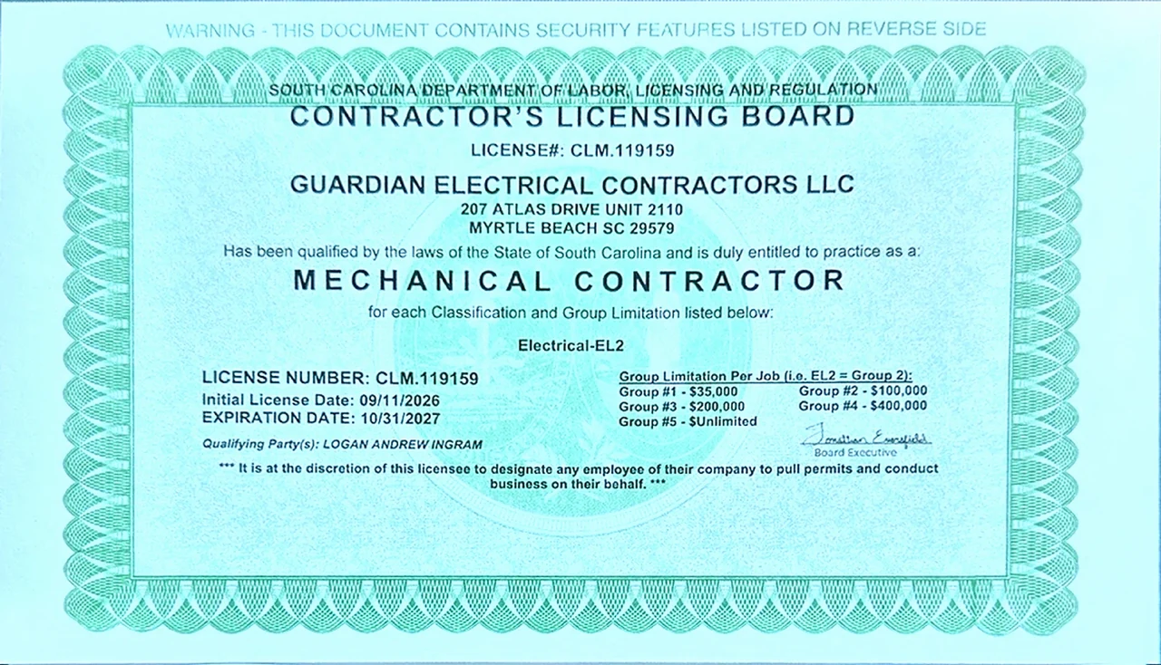 South Carolina contractor license certificate for Guardian Electrical Contractors LLC, CLM.119159, Electrical EL2, expires October 31, 2027. Open the original PDF.