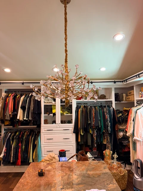Installed chandelier in a dressing room