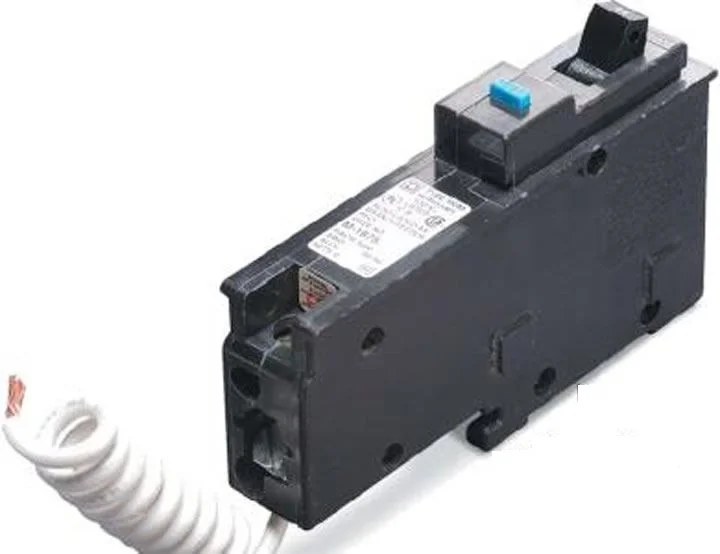 Photograph of an AFCI circuit breaker with a test button and neutral pigtail