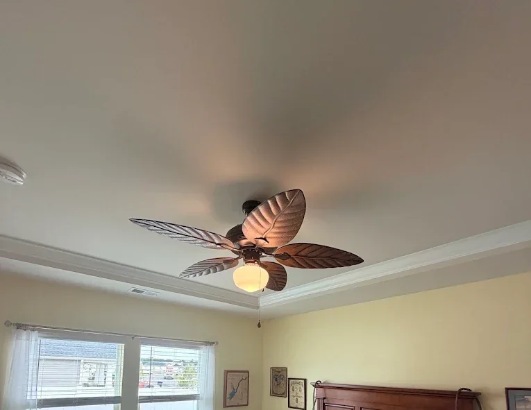 Leaf-blade ceiling fan with its light illuminated in a bedroom.