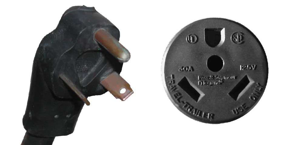 Photographs of a TT-30 travel-trailer plug and receptacle. This is a 30-amp, 120-volt RV connection.