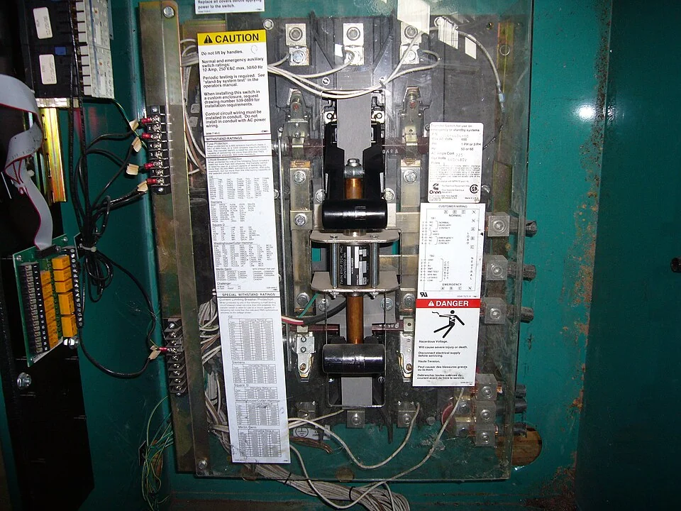 Interior of a Cummins Onan automatic transfer switch in an open electrical enclosure.