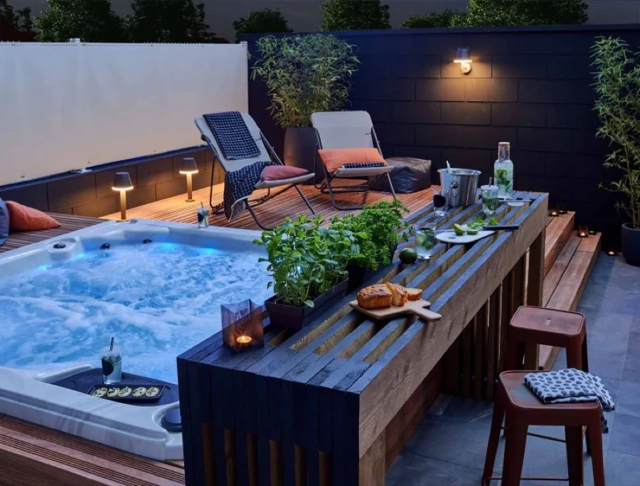 Outdoor hot tub and surrounding deck