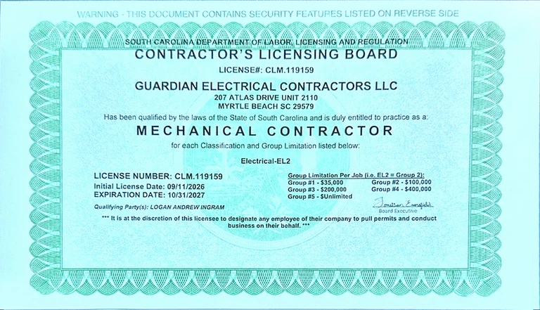 Guardian’s supplied South Carolina contractor license certificate