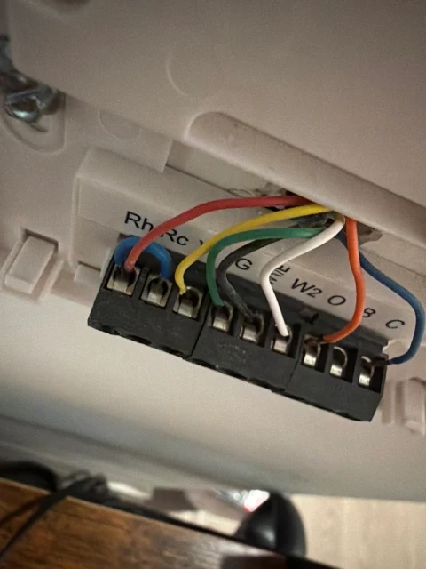 Control wiring detail. A close view of labeled low-voltage control wiring terminals.