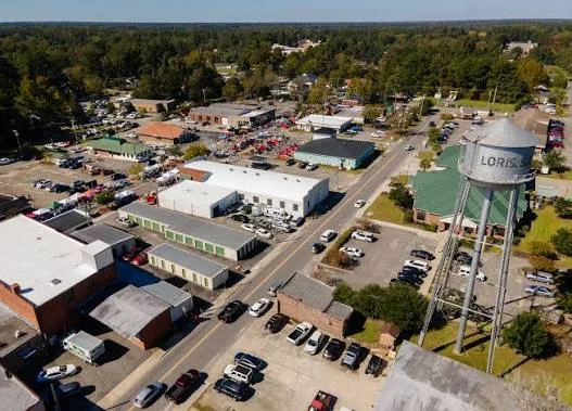 Aerial view of downtown Loris and its water tower