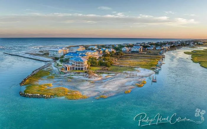 Aerial view of the Pawleys Island shoreline and coastal homes