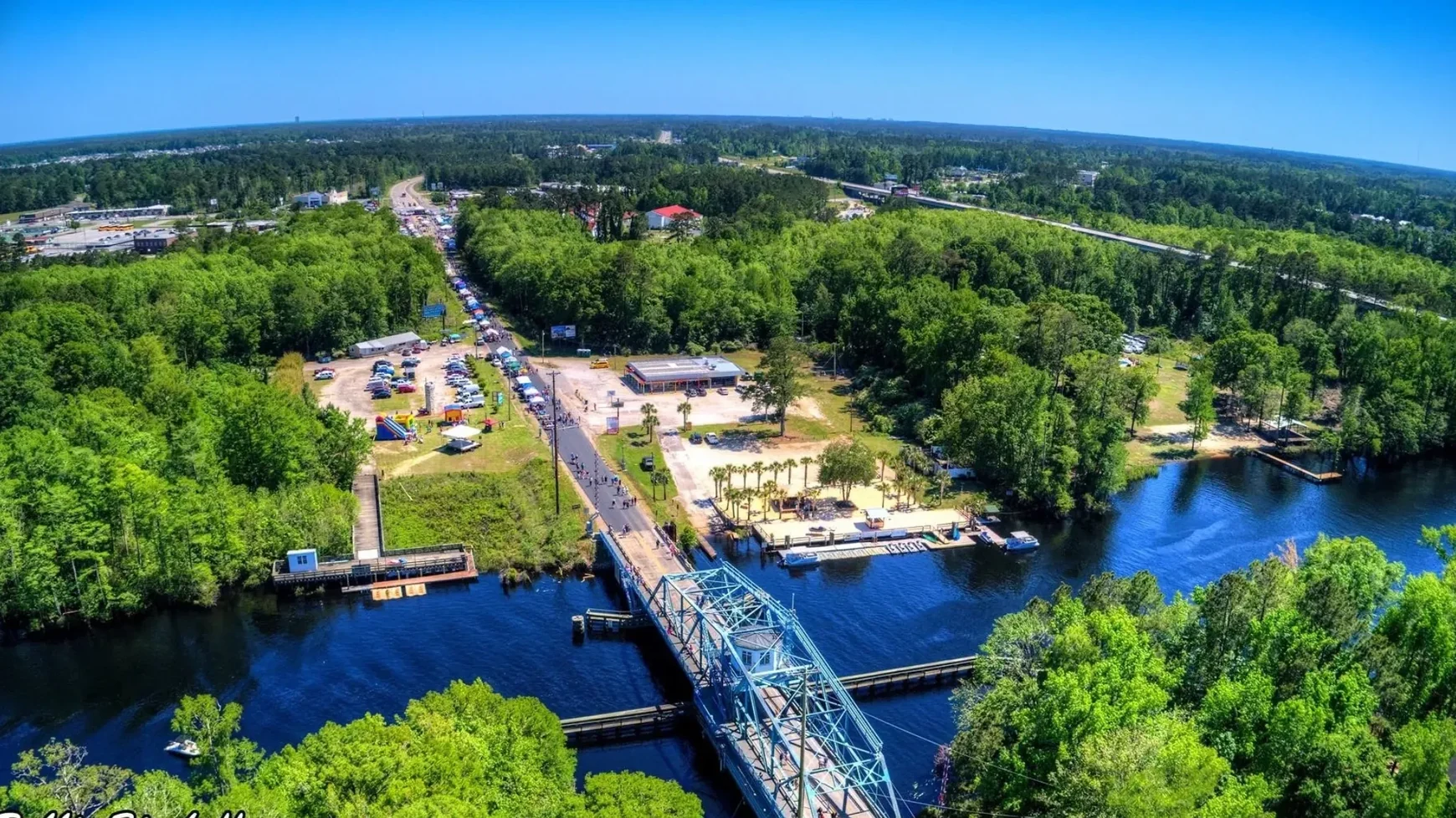 Aerial view of the swing bridge and waterway in Socastee